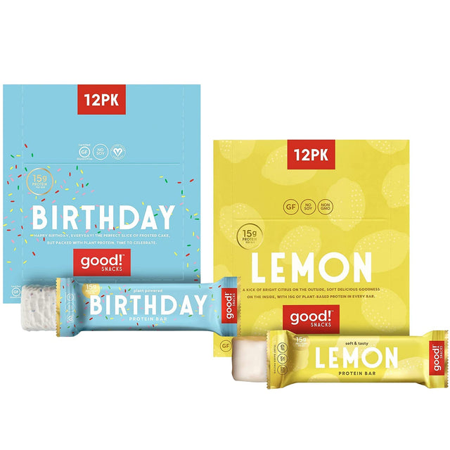 Good! Snacks Vegan Protein Bars Bundle, Birthday Cake & Lemon (24 Bars) Gluten-Free, Plant Based, Low Sugar, High Protein Meal Replacement, Healthy Snacks for Energy, 15G Protein