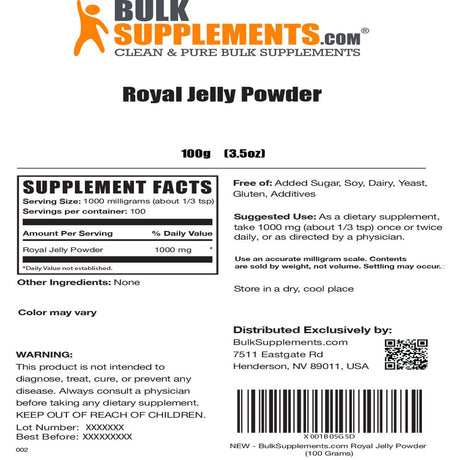 Bulksupplements.Com Royal Jelly Powder, 1000Mg - Brain & Immune Support Supplement (100G - 100 Servings)