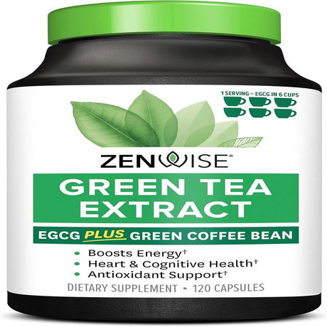 Zenwise Green Tea Extract with EGCG & Vitamin C - Antioxidant & Immune Supplement - Vegan Skin & Heart Support Brain Health & Memory Boost - 120 Count