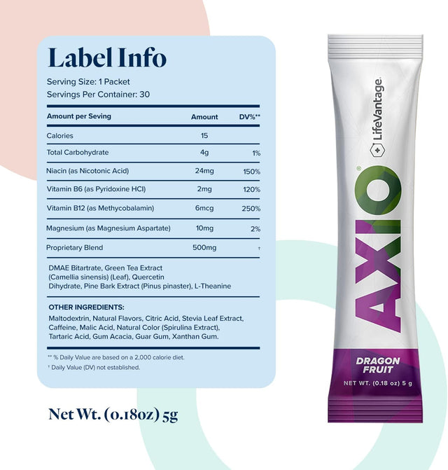 AXIO Regular Energy Drink Powder, Dragonfruit - 30 Drink Mix Packets, Instant Energy Powder, Energy Supplement in a Drink Mix, W/B Vitamins, DMAE, L-Theanine, Quercetin, Green Tea & Pine Bark Extract