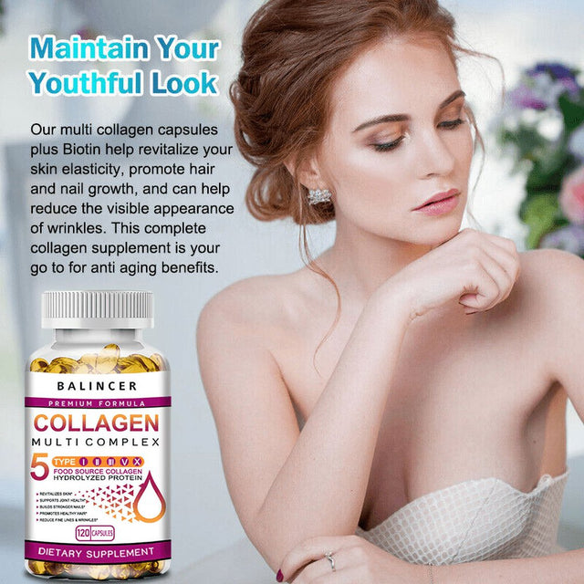 Multi Collagen Pills (Types I-II-III-V-X) Pure Hydrolyzed Collagen Protein Peptides-Collagen Supplements for Women and Men-Anti-Aging Collagen for Skin, Hair Growth Nails Joints-60Capsules