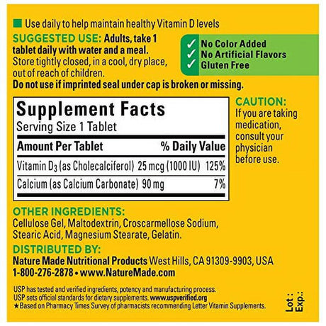 Nature Made Vitamin D3, 100 Tablets, Vitamin D 1000 IU (25 Mcg) Helps Support Immune Health, Strong Bones and Teeth, & Muscle Function, 125% of the Daily Value for Vitamin D in One Daily Tablet