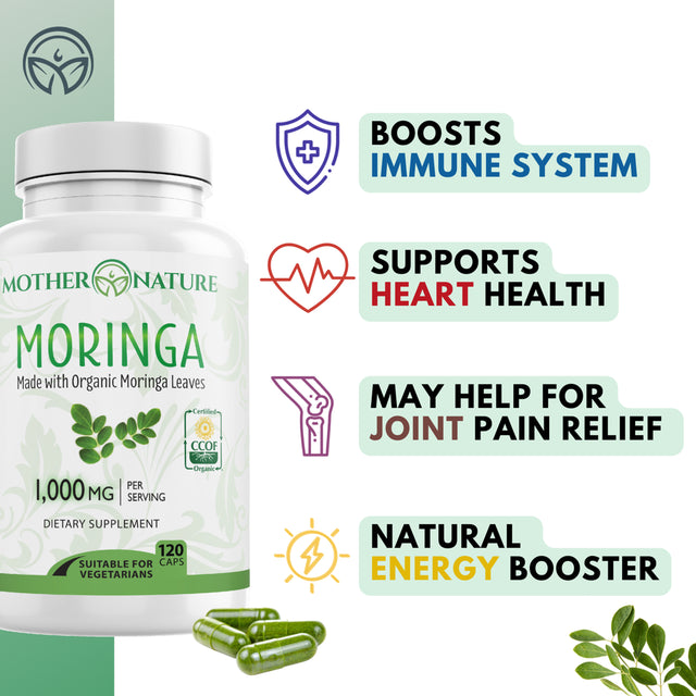 Moringa Capsules 1000Mg, Organic Certified Moringa Leaves Powder - Greens Superfood Powder Herbal Supplement - Energy, Focus, Lactation Support, Vitamin C for Immune Support - Vegan, Non-Gmo (120 )