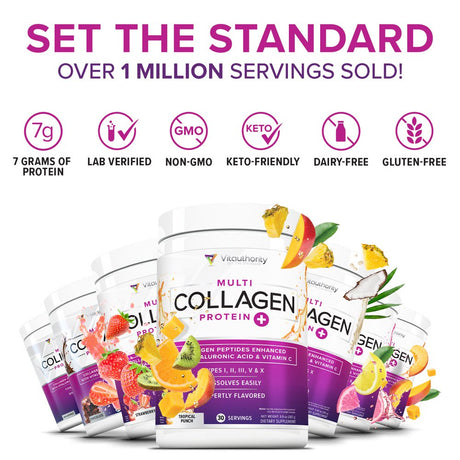 Multi Collagen Peptides plus Hyaluronic Acid and Vitamin C, Hydrolyzed Collagen Protein, Types I, II, III, V and X Collagen, Strawberry Flavor, 30 Servings