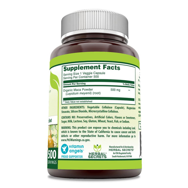 Herbal Secrets Maca Root Capsules 500 Mg per Serving 500 Veggie Capsules Supplement | Non-Gmo | Gluten Free | Made in USA | Suitable for Vegetarians