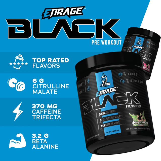 Eflow Nutrition Enrage Black High Stimulant Pre Workout Supplement - Preworkout Powder to Boost Energy, Pumps and Strength - 4 Flavors (30 Servings) (Sour Mango)