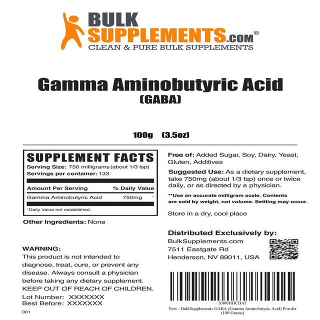 Bulksupplements.Com Gamma Aminobutyric Acid Powder, 750Mg - GABA Supplement - Focus Aid (100G - 133 Servings)