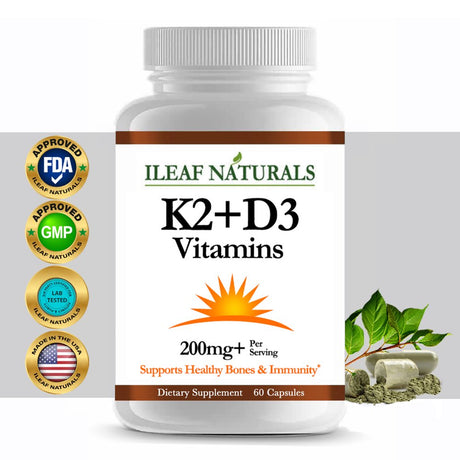 Ileaf Naturals K2 + D3 Vitamins Supplement with Bioperine® Black Pepper - 60 Veggie Capsules