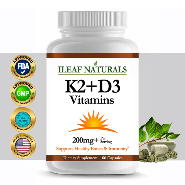 Ileaf Naturals K2 + D3 Vitamins Supplement with Bioperine® Black Pepper - 60 Veggie Capsules