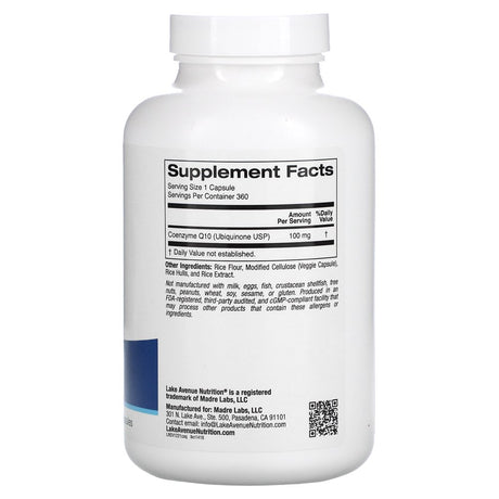 Coq10 by Lake Avenue Nutrition - Ubiquinone Supplement - Promotes Antioxidant Activity - Gluten Free, Non-Gmo - 100 Mg - 360 Veggie Capsules