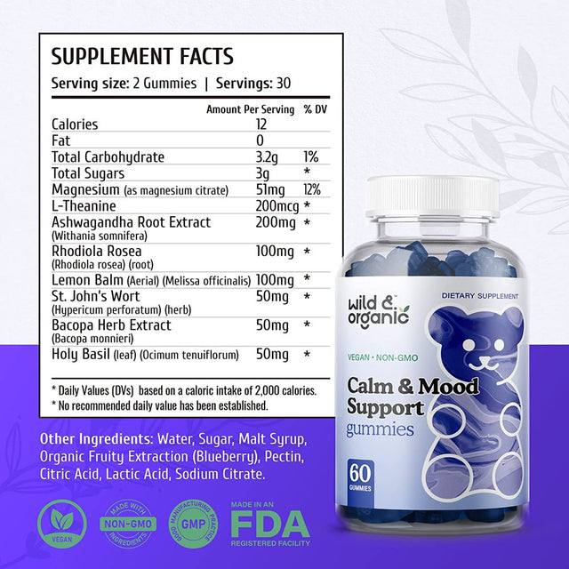 Wild & Organic Calm & Mood Support Gummies- Stress Support W/ Magnesium, L-Theanine, Ashwagandha, 60 Ct