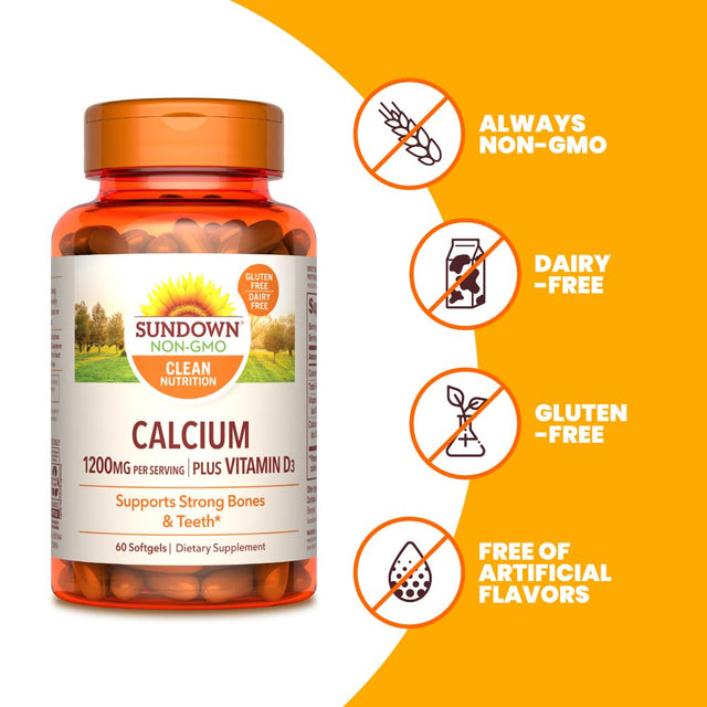 Sundown Calcium 1200 Mg plus Vitamin D3 for Immune Support, Supports Strong Teeth and Bones, 60 Softgels