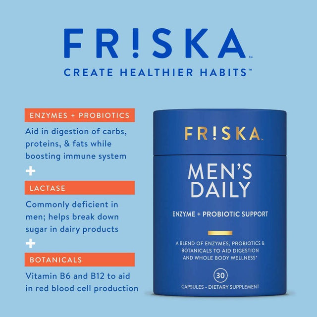 FRISKA Mens Daily, Digestive Enzyme and Probiotics Supplement, Lactase and B-Vitamins for Natural Digestion and Daily Male Health, 30 Capsules