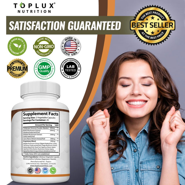 Toplux Mushroom Complex 10 Powerful Blend with Lion'S Mane Cordyceps Reishi Nootropic 60 Capsules 2 Pack