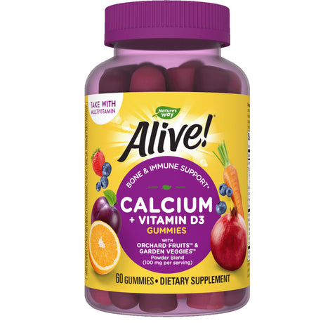 Nature'S Way Alive! Premium Calcium + D3 Gummies, Supports Healthy Bones & Muscles*, Strawberry and Raspberry Lemonade Flavored, 60 Gummies