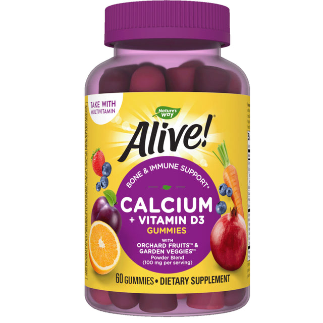 Nature'S Way Alive! Premium Calcium + D3 Gummies, Supports Healthy Bones & Muscles*, Strawberry and Raspberry Lemonade Flavored, 60 Gummies