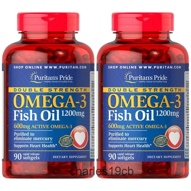 Puritan'S Pride Double Strength Omega-3 Fish Oil 1200 Mg/600 Mg 90 Softgels DHA 2 Pack