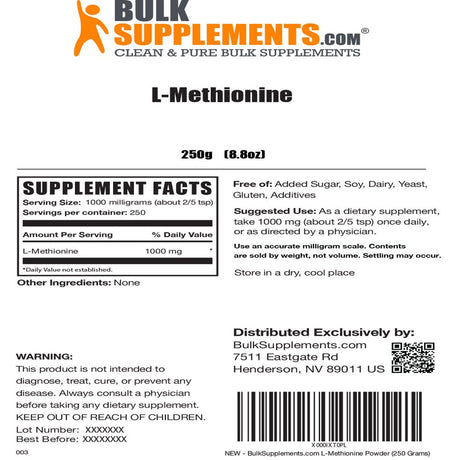 Bulksupplements.Com L-Methionine Powder, 1000Mg - Kidney & Liver Support (250G - 250 Servings)