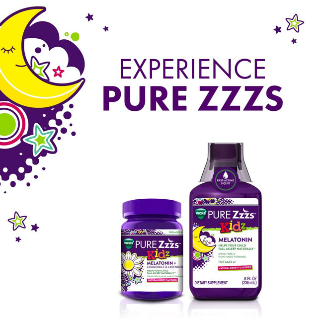 Vicks Pure Zzzs Kidz, Melatonin Sleep Aid for Kids, Dietary Supplement, Berry Flavor, 30 Gummies