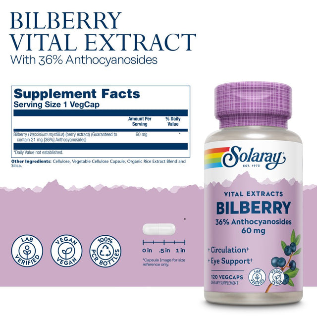 Solaray Bilberry Berry Extract 60 Mg, Eye Health & Circulation Support, with 36% Anthocyanosides, Vegan, 120 Vegcaps