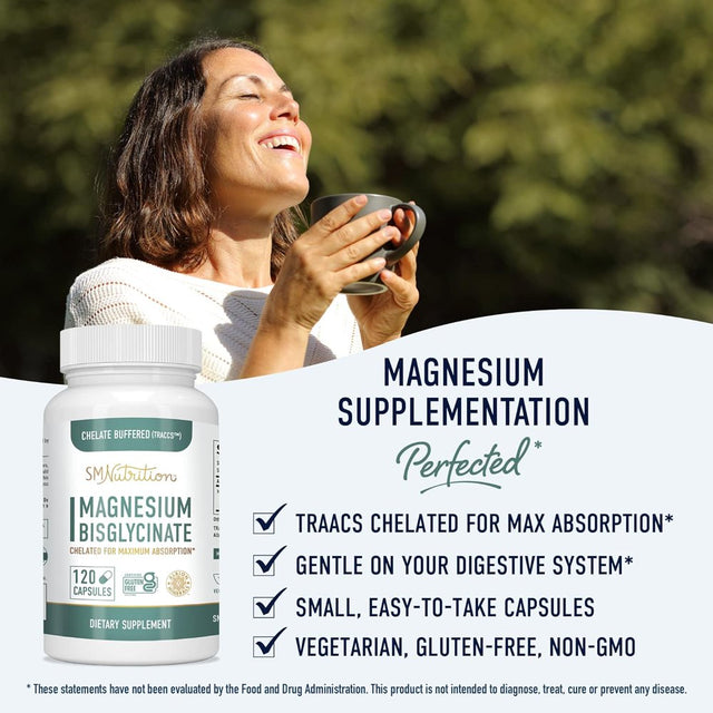 SM Nutrition Chelated Magnesium Glycinate |For Sleep Support Muscle Cramps & Bone Health | 120 Ct