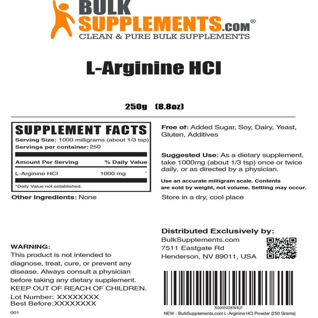 Bulksupplements.Com L-Arginine Hcl Powder - L Arginine 1000Mg - Nitric Oxide Powder (250 Grams - 8.8 Oz)