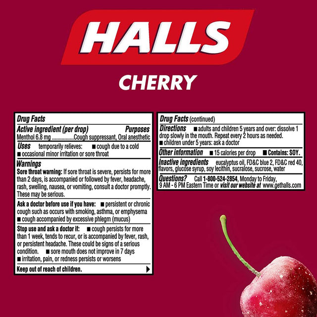 Halls Cherry Cough Drops - with Menthol - 180 Drops (20 Sticks of 9 Drops)