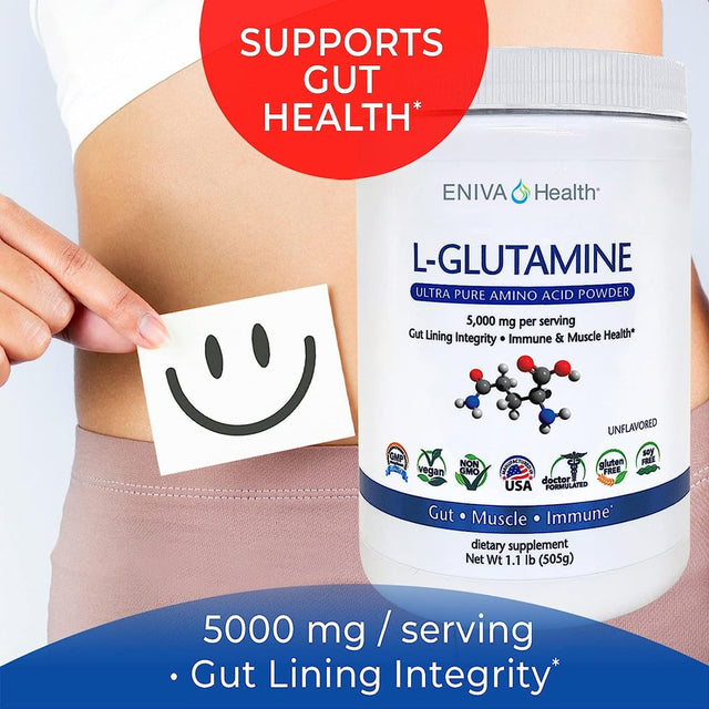 Eniva Health L-Glutamine Pure Powder, Unflavored (101 Servings) , Vegan, Gluten-Free, Sugar-Free, Non-Gmo , Doctor-Formulated, USA Made , Gut Health, Leaky Gut, Bloating, Muscle Health, Immune System