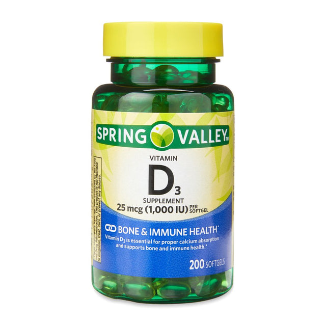 Spring Valley Vitamin D3 Bone & Immune Health Dietary Supplement Softgels, 25 Mcg (1,000 IU), 200 Count