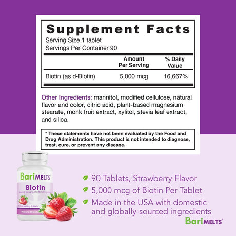 Barimelts Bariatric Biotin to Support Healthy Skin, Hair, and Nails Growth, Post Weight Loss Surgery Patients, 90 Smooth-Dissolving Tablets, Strawberry Flavor