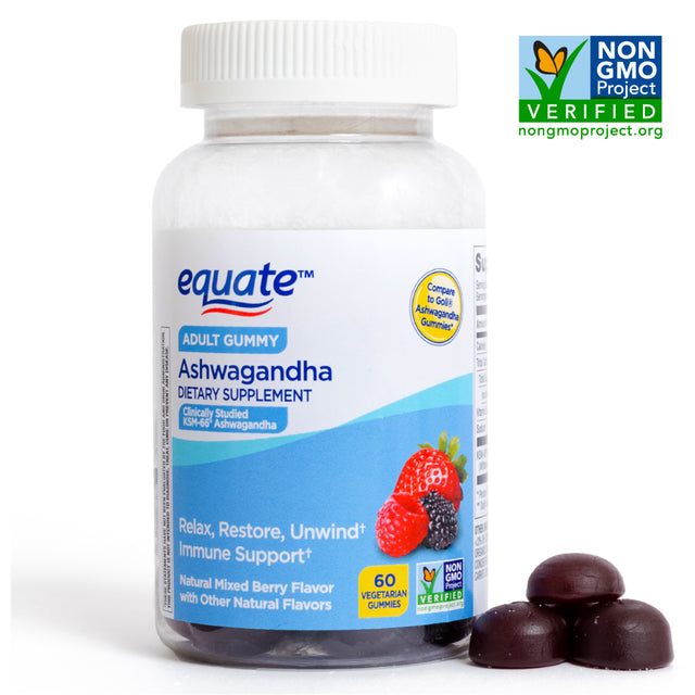 Equate Ashwagandha Non GMO Dietary Supplement Gummies, Mixed Berry, 60 Count