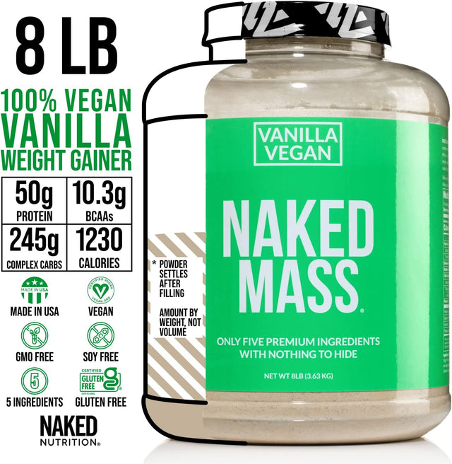 NAKED Nutrition Mass - Vanilla Vegan Weight Gainer - 8Lb Bulk, GMO Free, Gluten Free, Soy Free & Dairy Free. No Artificial Ingredients - 1,230 Calories - 11 Servings