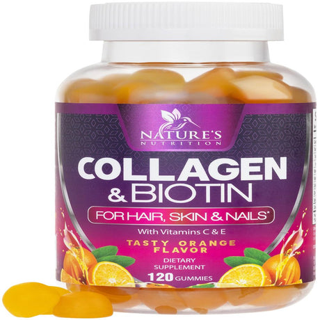 Collagen & Biotin Hair Vitamin Gummies - Extra Strength for Healthy Hair, Skin & Nails Growth Support - Collagen Peptides Gummy Supplement with Vitamins C & E - Orange Flavored, Non-Gmo - 120 Count