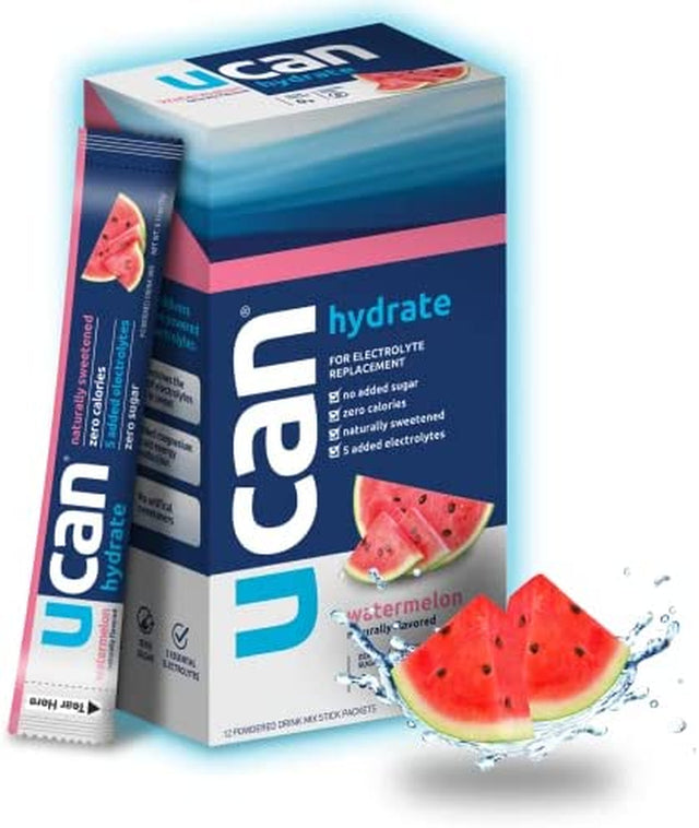 UCAN Hydrate Packets, Watermelon, 12 Count (1.27 Ounce), Keto, Sugar-Free Electrolyte Replacement for Men & Women, Non-Gmo, Vegan, Gluten-Free, Great for Runners, Gym-Goers, High Performance Athletes