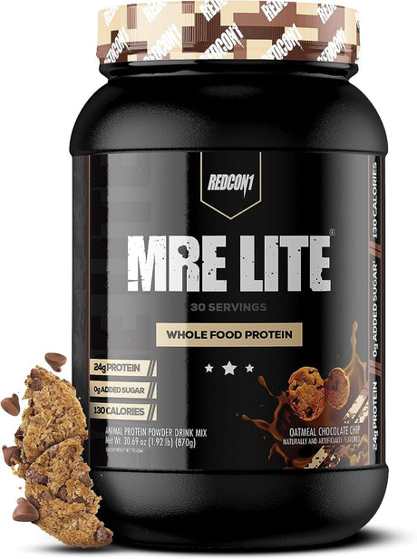 REDCON1 MRE Lite Whole Food Protein Powder, Oatmeal Chocolate Chip - Low Carb & Whey Free Meal Replacement with Animal Protein Blends - Easy to Digest Supplement Made with MCT Oils (30 Servings)