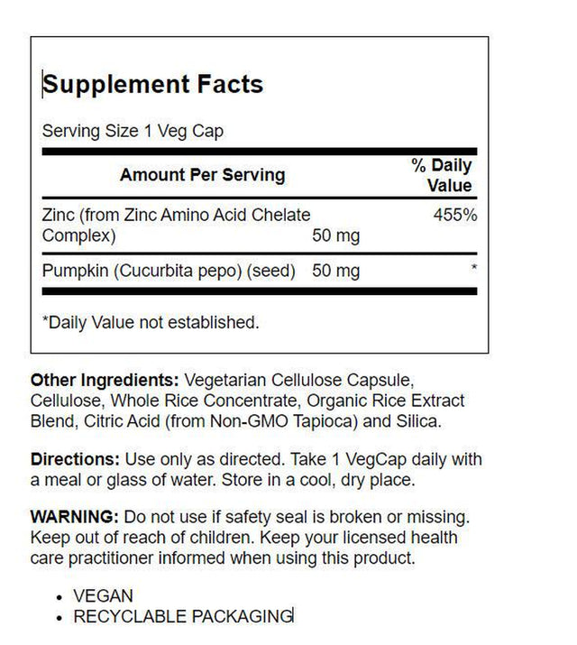 Solaray Zinc 50 Mg Amino Acid Chelate with Pumpkin Seed, Immune & Cellular Health Support, Bioavailable, 100 Vegcaps