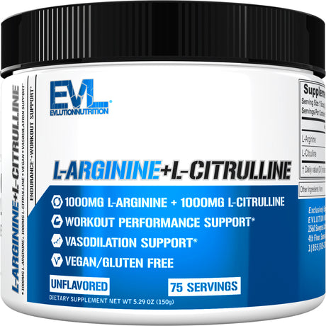 Evlution Nutrition L-Arginine + L-Citrulline - Endurance + Workout Performance Supplement - 500Mg Complex - Vasodilation + Nitric Oxide Support - Vegan + Gluten Free Capsules - 60 Servings