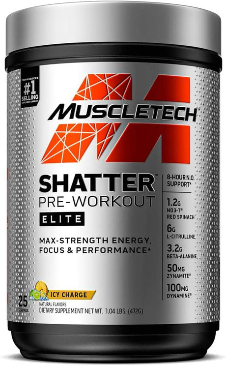 Pre Workout for Men & Women | Muscletech Shatter Elite Pre-Workout | Preworkout Energy Powder | 8 Hour Nitric Oxide Booster + Beta Alanine | Focus + Strength | 350Mg Caffeine | Icy Charge, 25 Servings