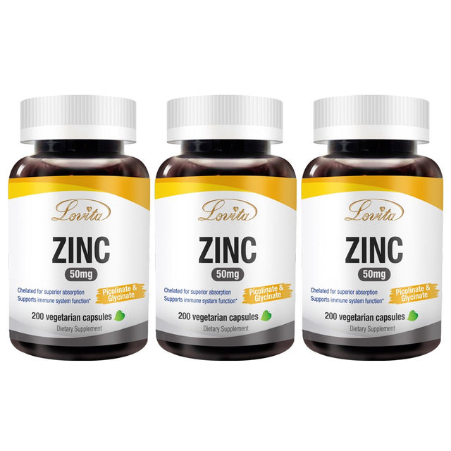 Lovita Zinc 50Mg | Potent Highly-Absorbed Chelated Zinc Supplements, Picolinate & Bisglycinate | Vegan, Gluten Free, Non-Gmo | for Immune, Antioxidant Support & Healthy Skin | 200 Capsules (Pack of 3)