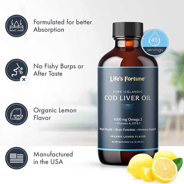 Life'S Fortune Cod Liver Oil Liquid Organic Lemon Flavor (8 Oz) 1,000 Mg Omega + Vitamin A, E & D3 - Supports Immune Health - 100% Fish Oil Supplement from Wild Ocean Cod-Gmo Free