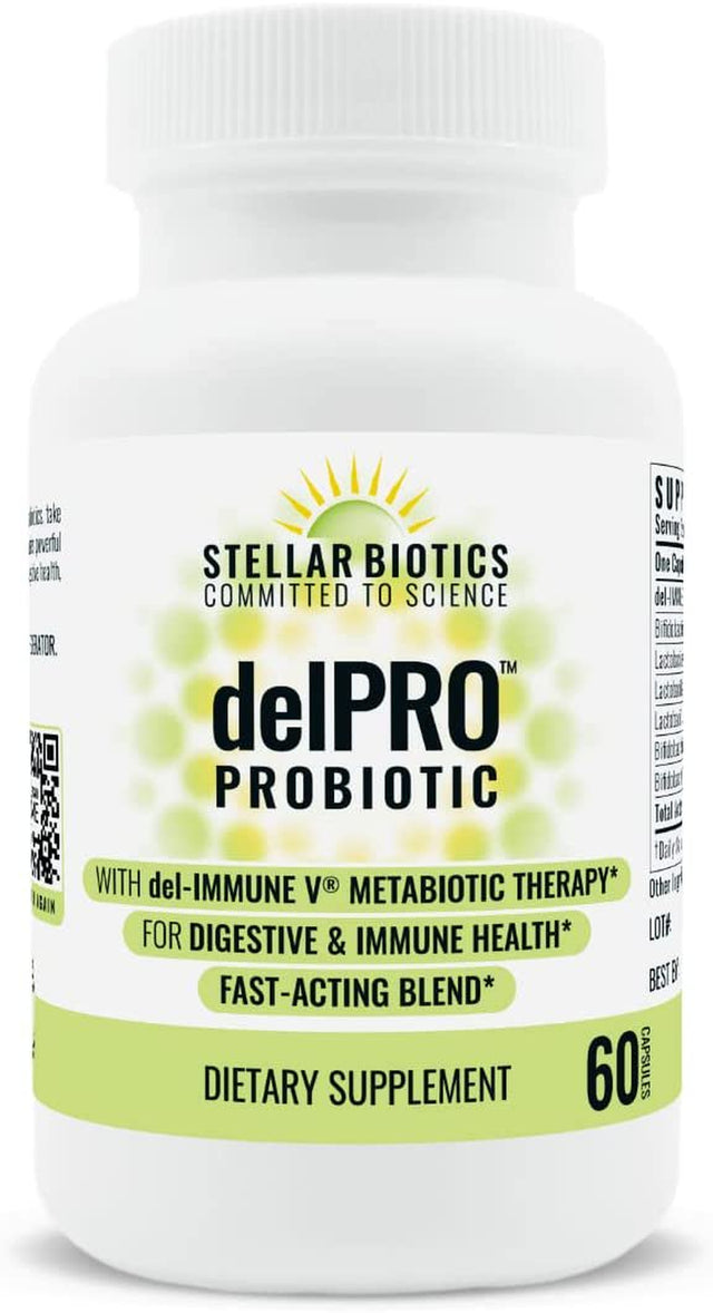 Stellar Biotics - Delpro™ PROBIOTIC (Enhanced with Del-Immune V®) - Powerful Probiotic & Prebiotic Blend - Promotes Optimal Gut Health & Digestion - Balances Immune System & Mood (60 Capsules)