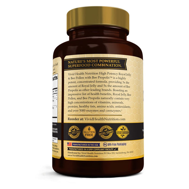 Immune Boosting, Pure Royal Jelly Capsules with Bee Pollen, Bee Propolis, 90 Veggie Caps