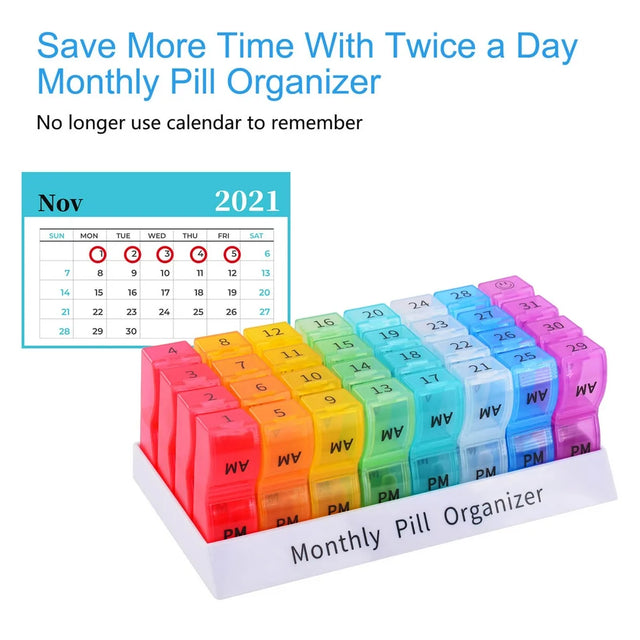 Greencycle 30 Day Pill Organizer 2 Times a Day Monthly Pill Case, BPA Free One Month Pill Box AM PM, Small Compartments to Hold Vitamins, Cod Liver Oil, Fish Oil, Supplements and Medication