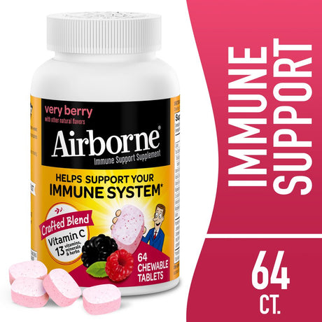 Airborne 1000Mg Vitamin C Immune Support Chewable Tablets, Very Berry Flavor, 64 Count