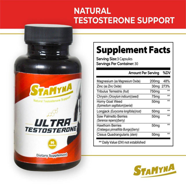 Stamyna Ultra Natural Testosterone Support Natural Vitamins, Minerals, and Herbs (Saw Palmetto, Horny Goat Weed, Long Jack, Tribulus Terrestris).