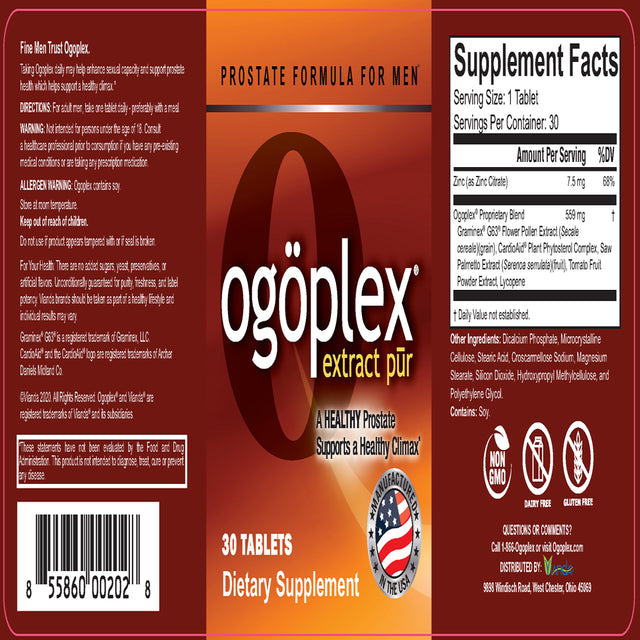 Ogoplex® Prostate & Urinary Support for Men. Formulated with Graminex® G63® Flower Pollen, Cardioaid® Plant Phytosterol Complex, Saw Palmetto, Tomato Fruit Powder and Lycopene. 30 Day Supply