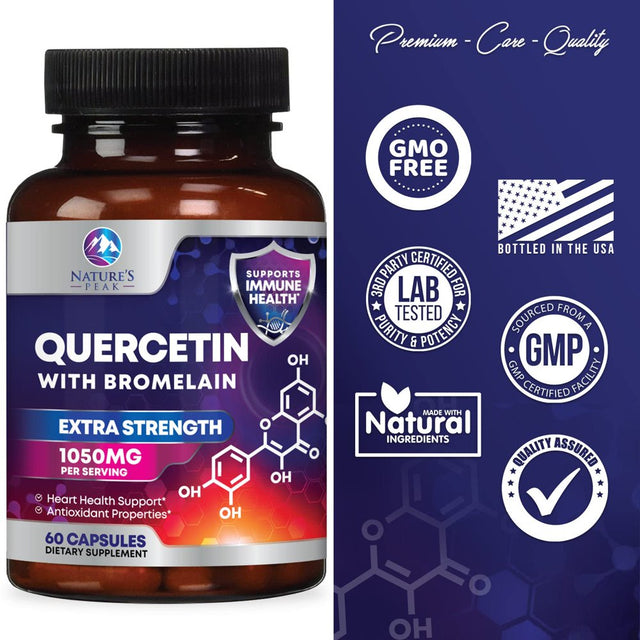 Quercetin - 1050Mg Supplement with Bromelain, Zinc & Bioflavonoids, Immune Health Support, Extra Strength Quercetin & Bromelain 1000Mg - Non-Gmo, Vegan & Gluten Free - 30 Servings, 60 Veggie Capsules