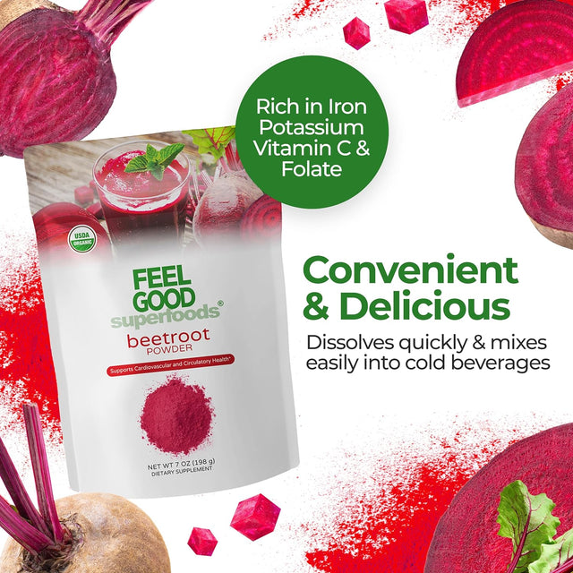 Feelgood Superfoods Fortified Organic Beetroot Powder, Nitric Oxide Booster for Cooking and Smoothies, Pure Beets with 10:1 Beet Root Extract, 7 Oz