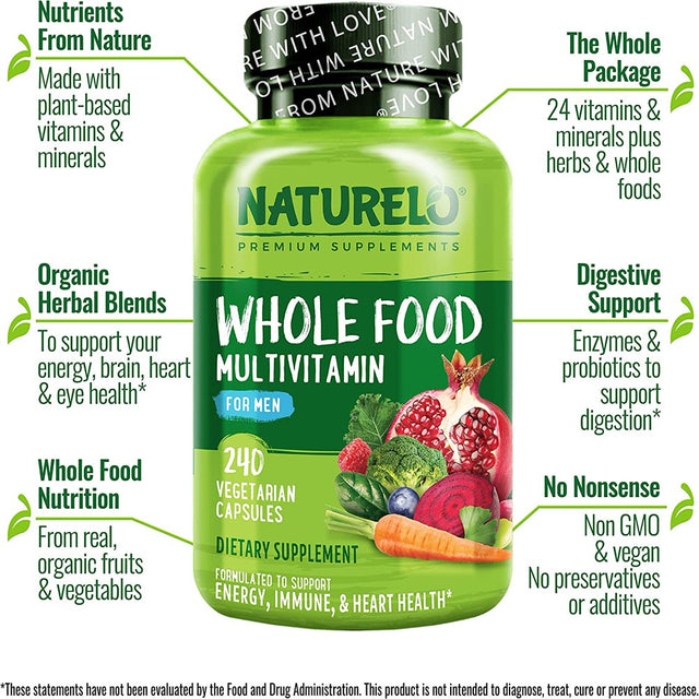 NATURELO Whole Food Multivitamin for Men - Vitamins, Minerals, Antioxidants, Organic Extracts - Vegetarian - for Energy, Brain, Heart, Eye Health - 240 Vegan Capsules