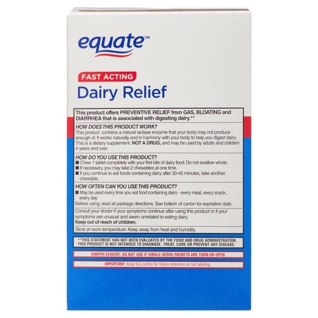 Equate Dairy Relief Chewable Tablet Dietary Supplement, Vanilla Flavor, over the Counter, 120 Count